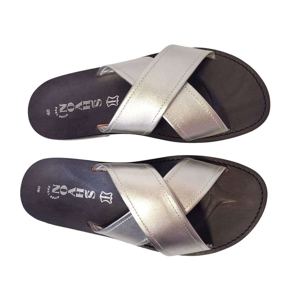 Women Casual Silver Leather Cross Strap Flats Slide Retro Sandals Size 9 - Picture 2 of 9